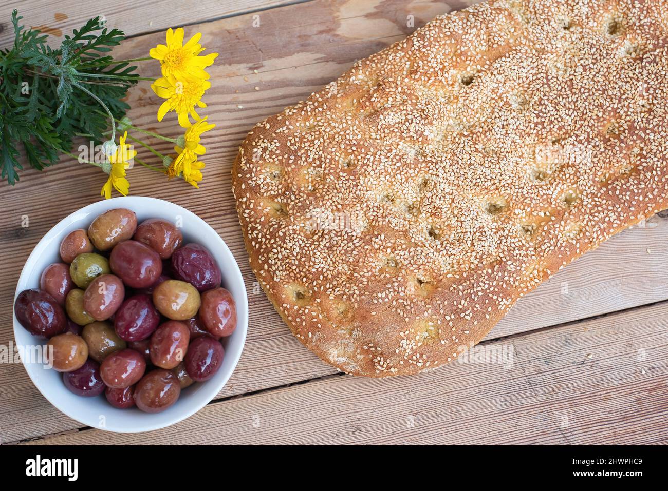 Bread with sesame, without dough, Greek traditional bread called lagana