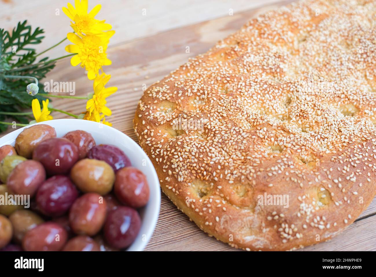 Bread with sesame, without dough, Greek traditional bread called lagana