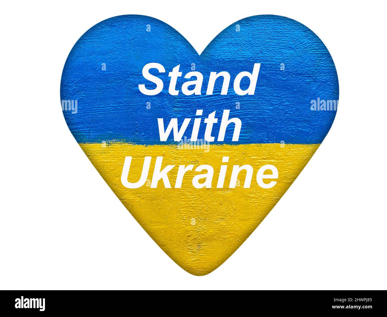 Stand with Ukraine losung on heart with Ukrainian flag isolated on white Stock Photo