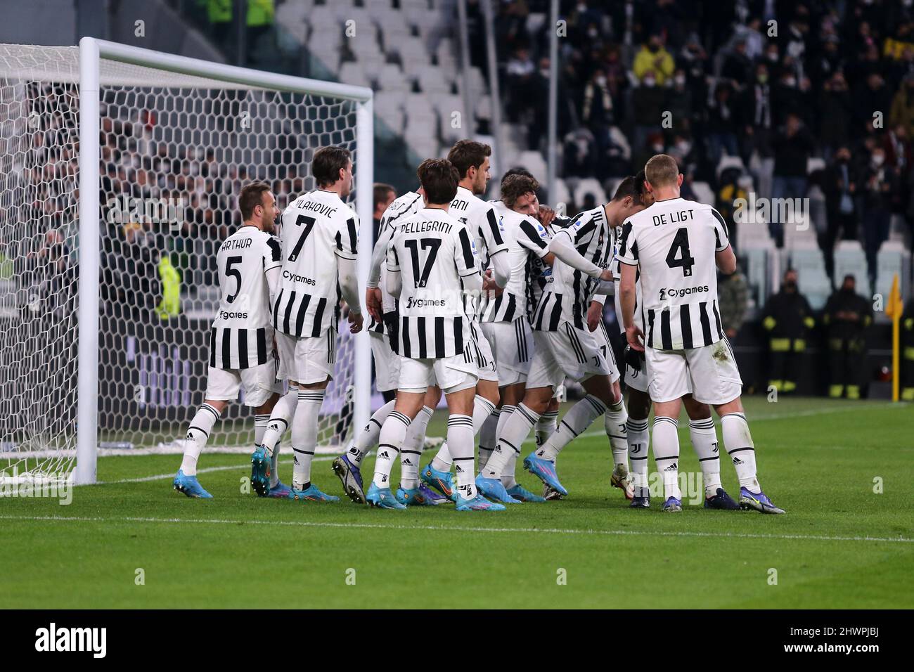 Alvaro Morata of Juventus Fc  celebrates after scoring a goal with team mates during the Serie A match between Juventus Fc and Spezia Calcio. Stock Photo