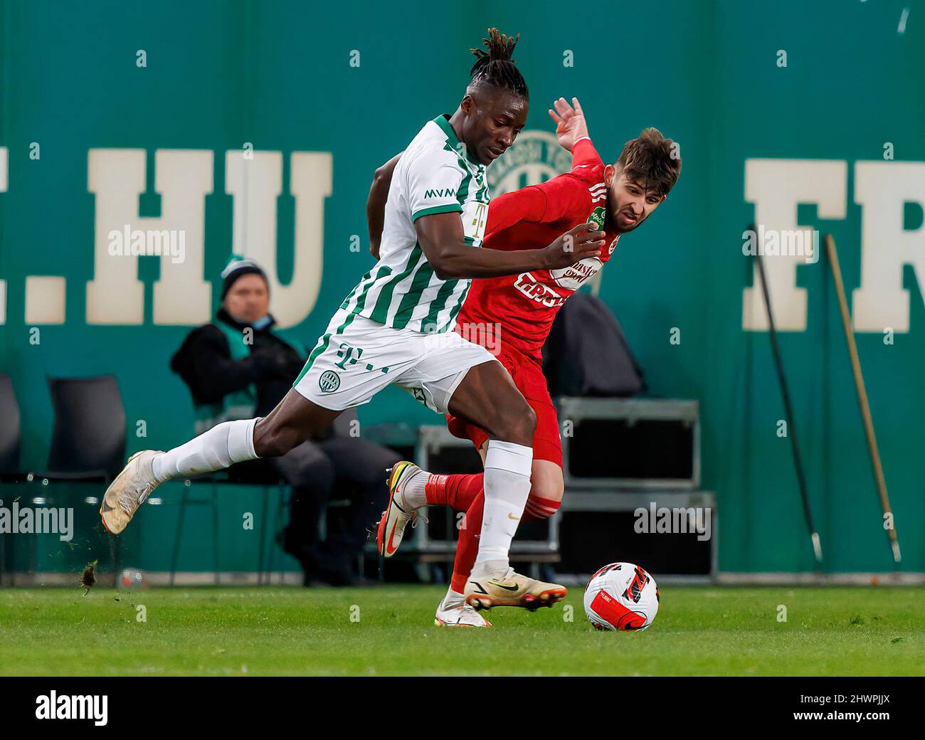 BUDAPEST, HUNGARY - MARCH 6: Lazar Zlicic of Kisvarda Master Good  challenges Aissa Laidouni of Ferencvarosi TC during the Hungarian OTP Bank  Liga match between Ferencvarosi TC and Kisvarda Master Good at