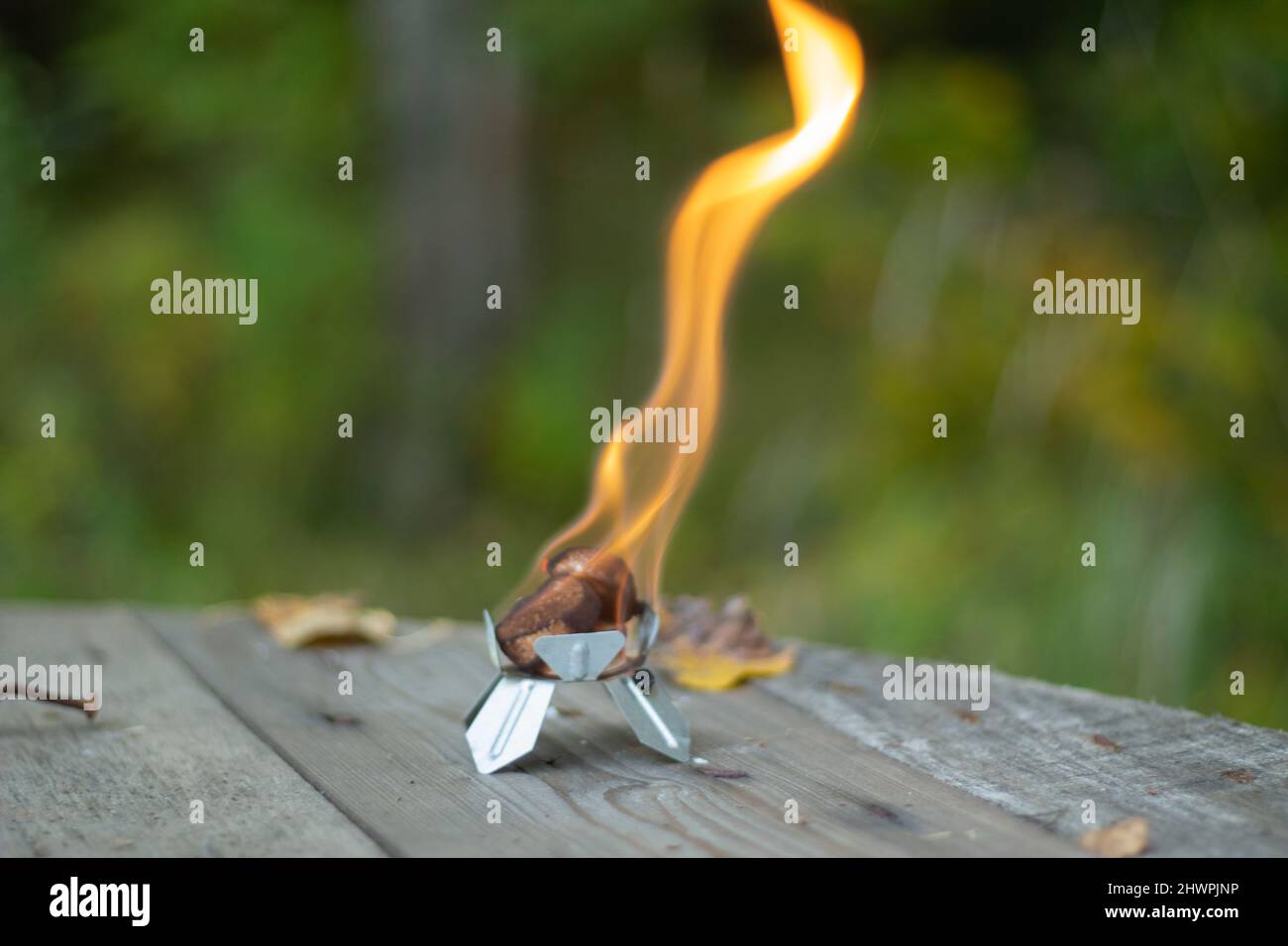 Flames from alcohol. Burning dry alcohol. Object for heating substances ...
