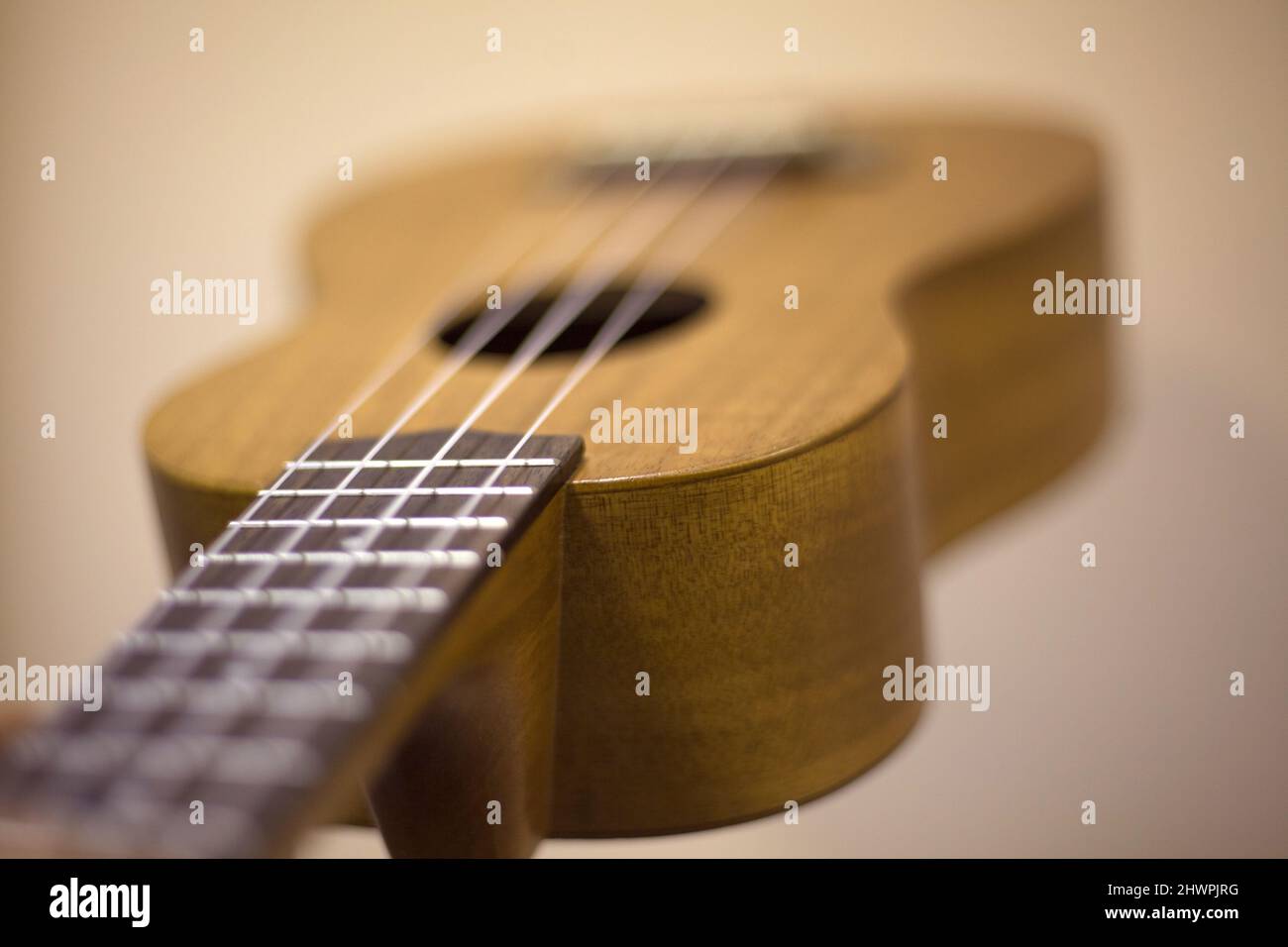 Little guitar. Ukulele made of wood. Musical instrument for extracting