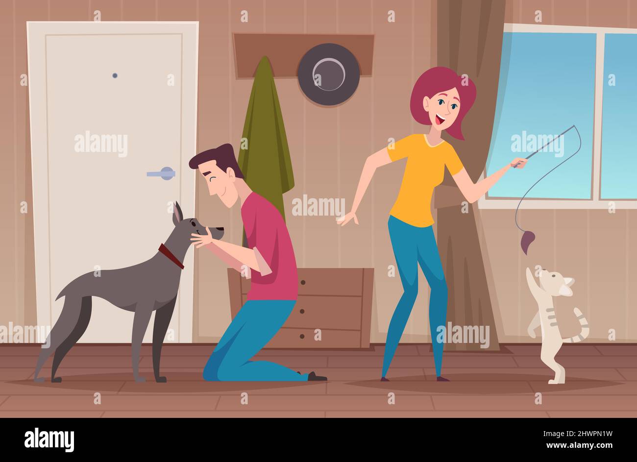 People playing with animals. Happy domestic animals owners funny cats and dogs exact vector cartoon background illustration Stock Vector