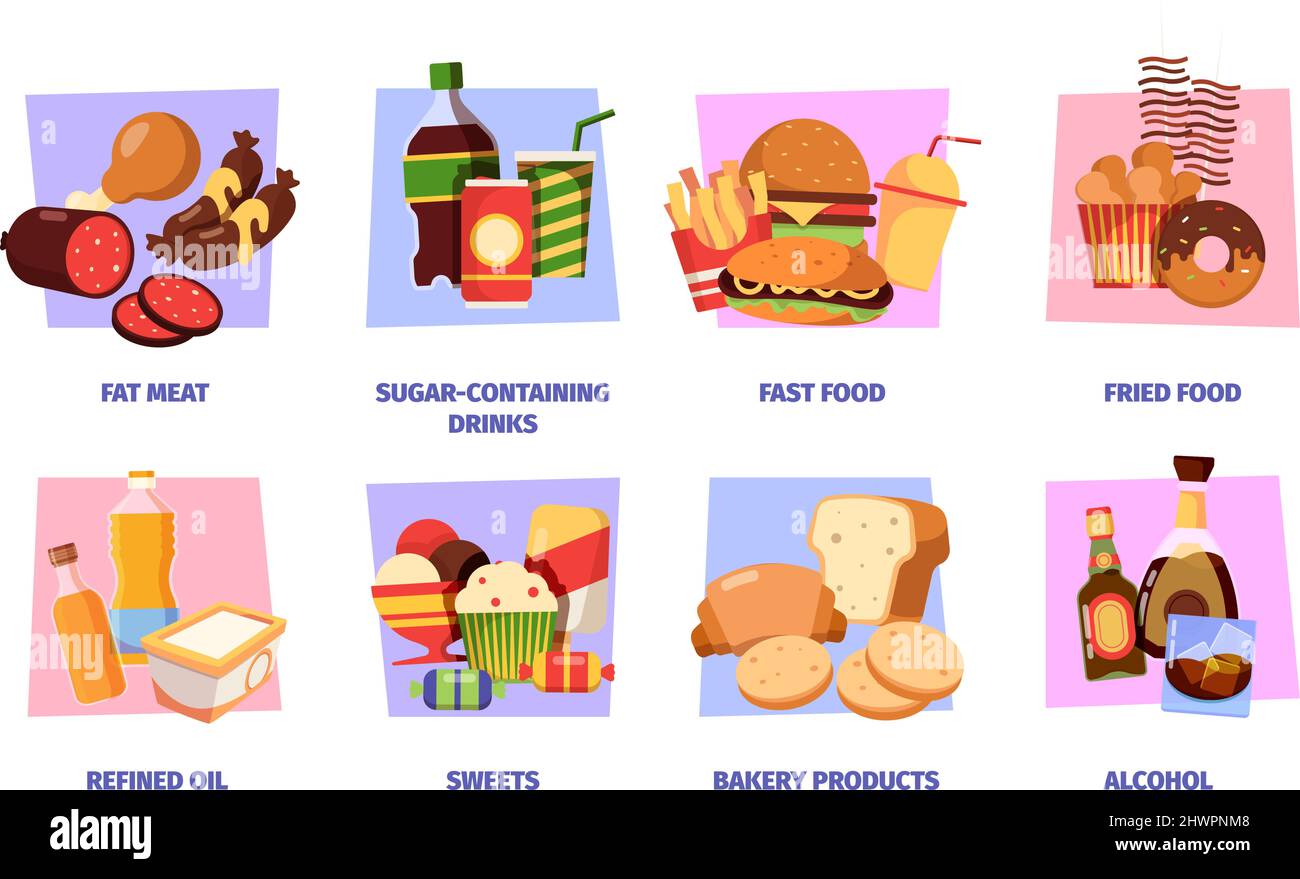 Junk food. Unhealthy products sugar white flour alcohol fast food