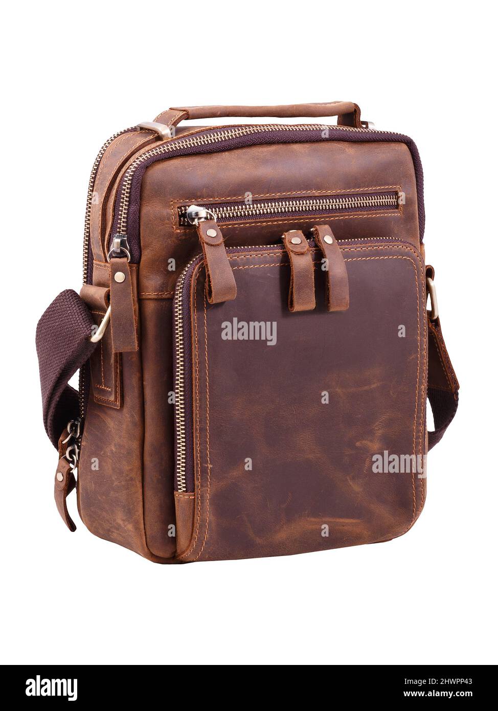 Brown leather document bag with shoulder strap isolated on white background Stock Photo
