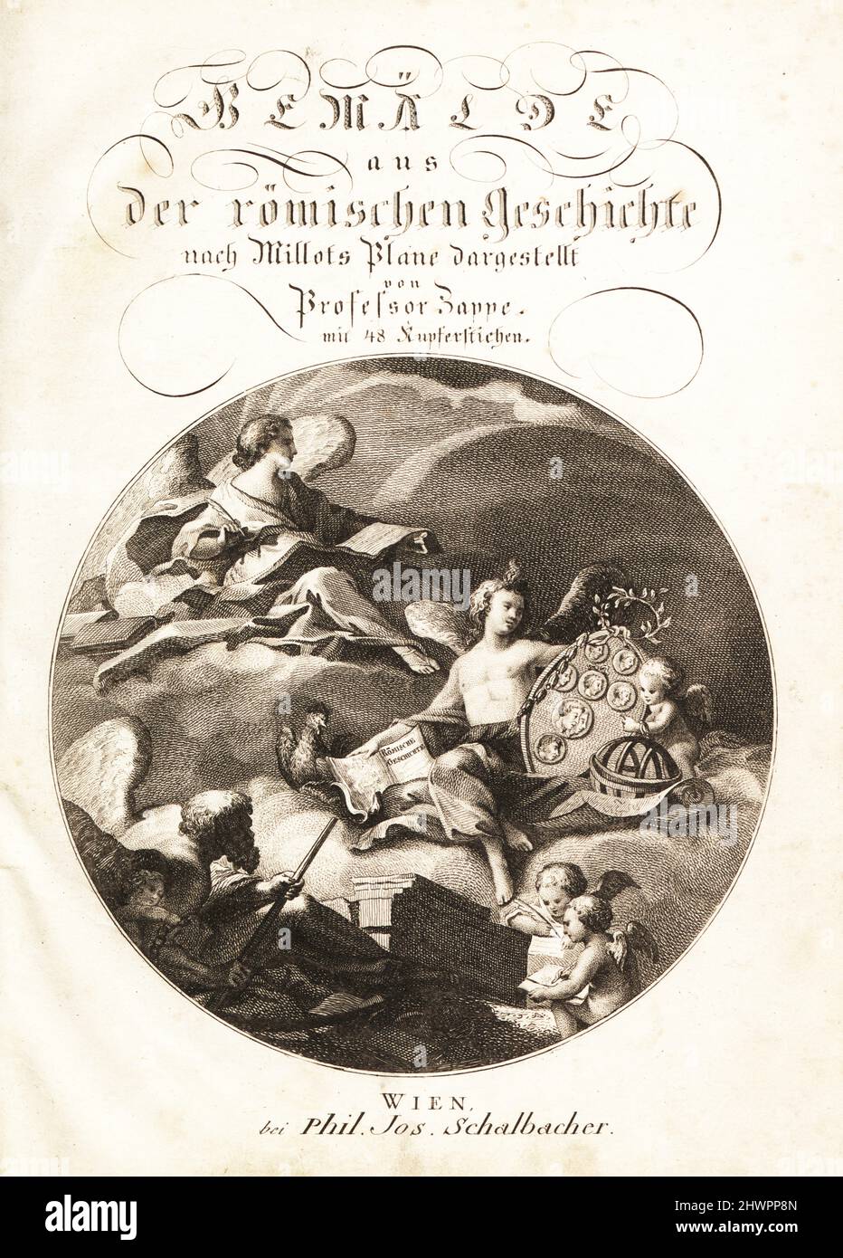 Allegorical scene with History seated on a cloud above Study with a history book, medallion with portraits, a globe and chart. Two winged genie write the History of Remus and Romulus. Copperplate title page with round vignette by Jean Baptiste Piauger from Professor Joseph Rudolf Zappe’s Gemalde aus der romischen Geschichte, Pictures of Roman History, Joseph Schalbacher, Vienna, 1800. German edition of Abbe Claude Francois Xavier Millot’s Abrege de l’Histoire Romaine. Stock Photo