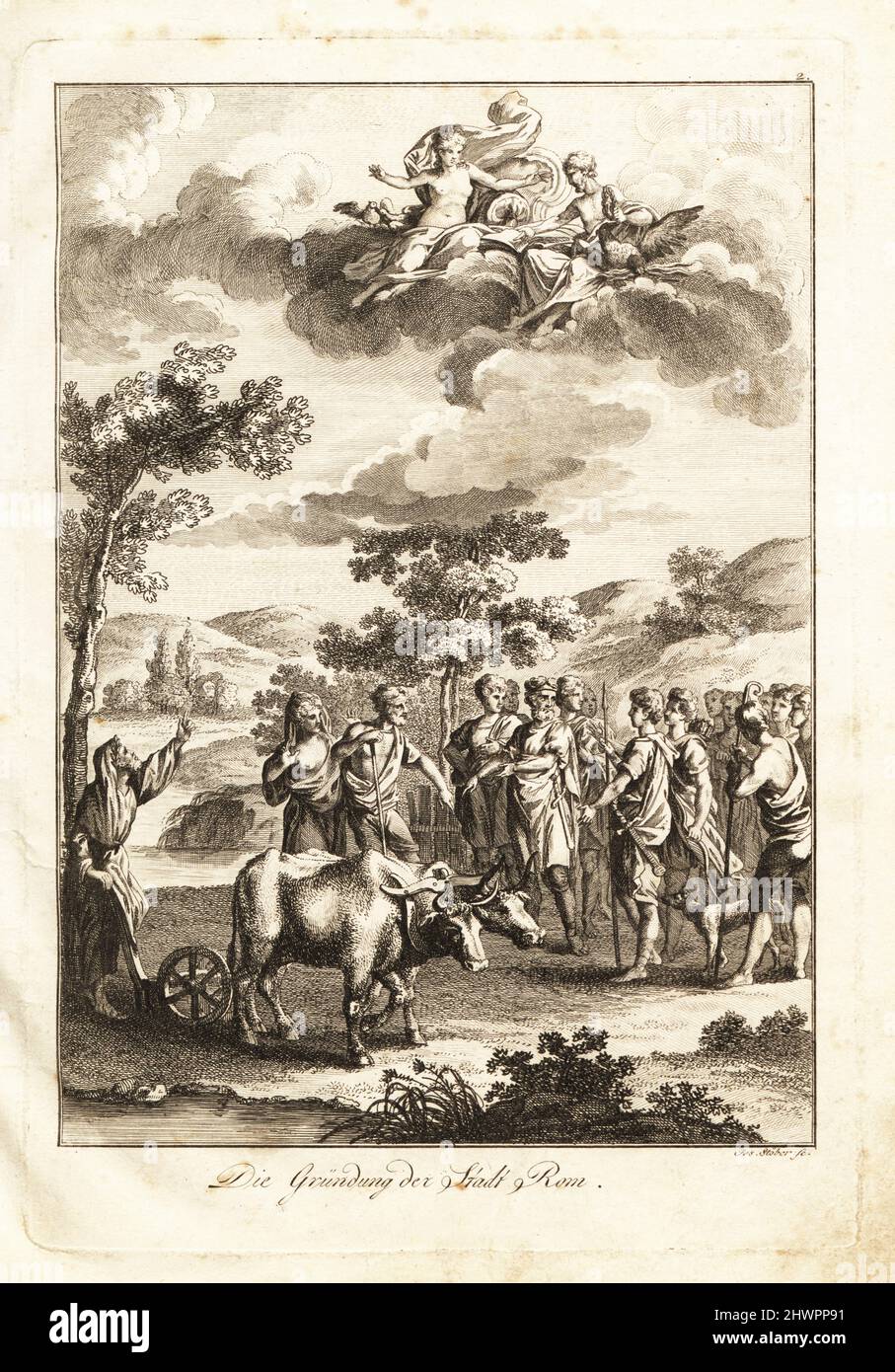 Romulus and Remus and the foundation of Rome. A priest points to the gods Jupiter and Venus in the clouds above the twins and their parents Faustulus and Acca Larentia. Fondation de Rome. Copperplate engraving by Joseph Stöber after a design by Hubert-François Gravelot from Professor Joseph Rudolf Zappe’s Gemalde aus der romischen Geschichte, Pictures of Roman History, Joseph Schalbacher, Vienna, 1800. German edition of Abbe Claude Francois Xavier Millot’s Abrege de l’Histoire Romaine. Stock Photo