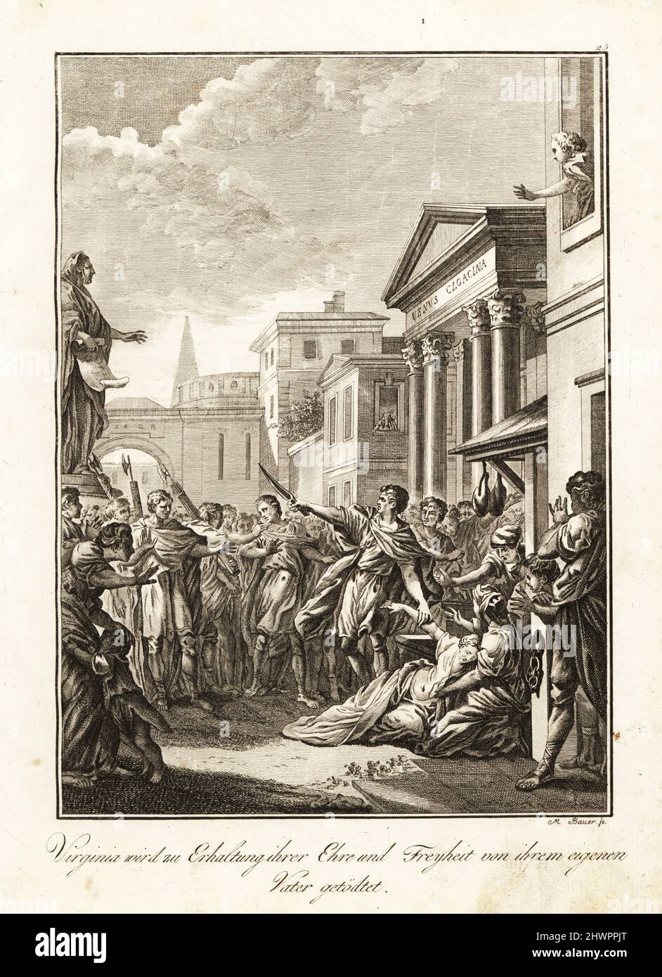 Verginia stabbed to death by her son Verginius to save her from the lustful Roman senator Appius Claudius at the Shrine of Venus Cloacina, 449 BC. Virginie tuee par son pere pour la preserver d'Appius. Copperplate engraving by M. Bauer after a design by Hubert-François Gravelot from Professor Joseph Rudolf Zappe’s Gemalde aus der romischen Geschichte, Pictures of Roman History, Joseph Schalbacher, Vienna, 1800. German edition of Abbe Claude Francois Xavier Millot’s Abrege de l’Histoire Romaine. Stock Photo