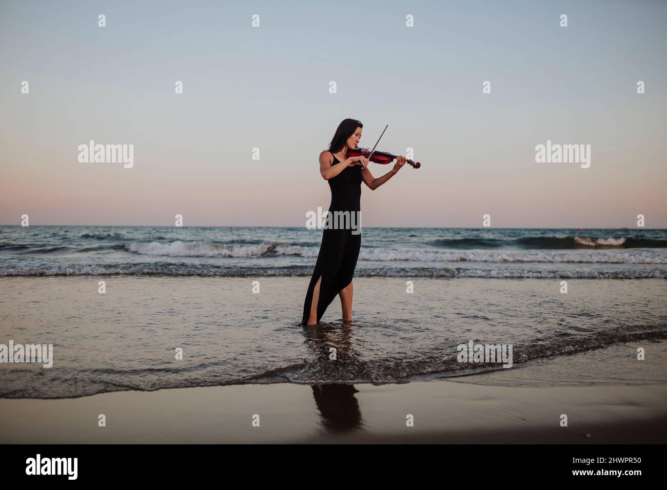 Woman playing violin in front of clear sky at sunset Stock Photo - Alamy