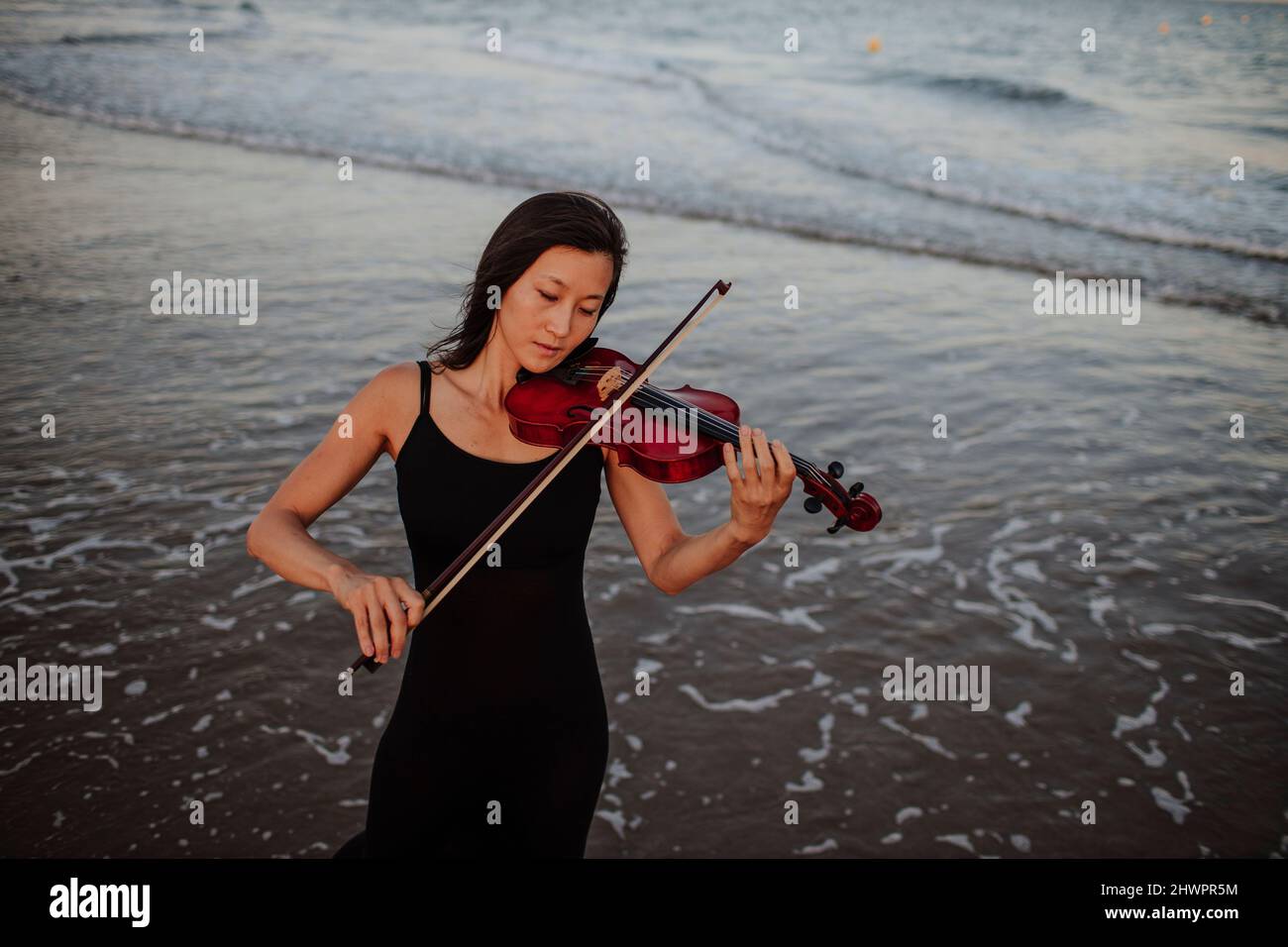 Woman playing violin in front of sea at beach Stock Photo - Alamy