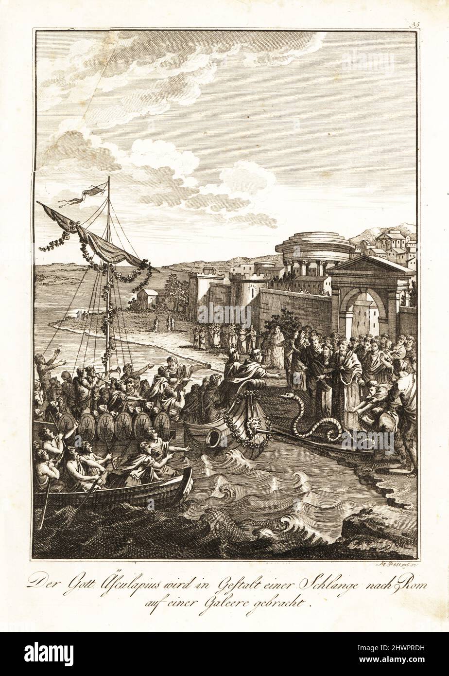 Aesculapius, Greek god of medicine, is brought to Rome in the form of a serpent on a galley. Esculape amene a Rome sur une Galere. Copperplate engraving by Martin Pöltzel after a design by Hubert-François Gravelot from Professor Joseph Rudolf Zappe’s Gemalde aus der romischen Geschichte, Pictures of Roman History, Joseph Schalbacher, Vienna, 1800. German edition of Abbe Claude Francois Xavier Millot’s Abrege de l’Histoire Romaine. Stock Photo