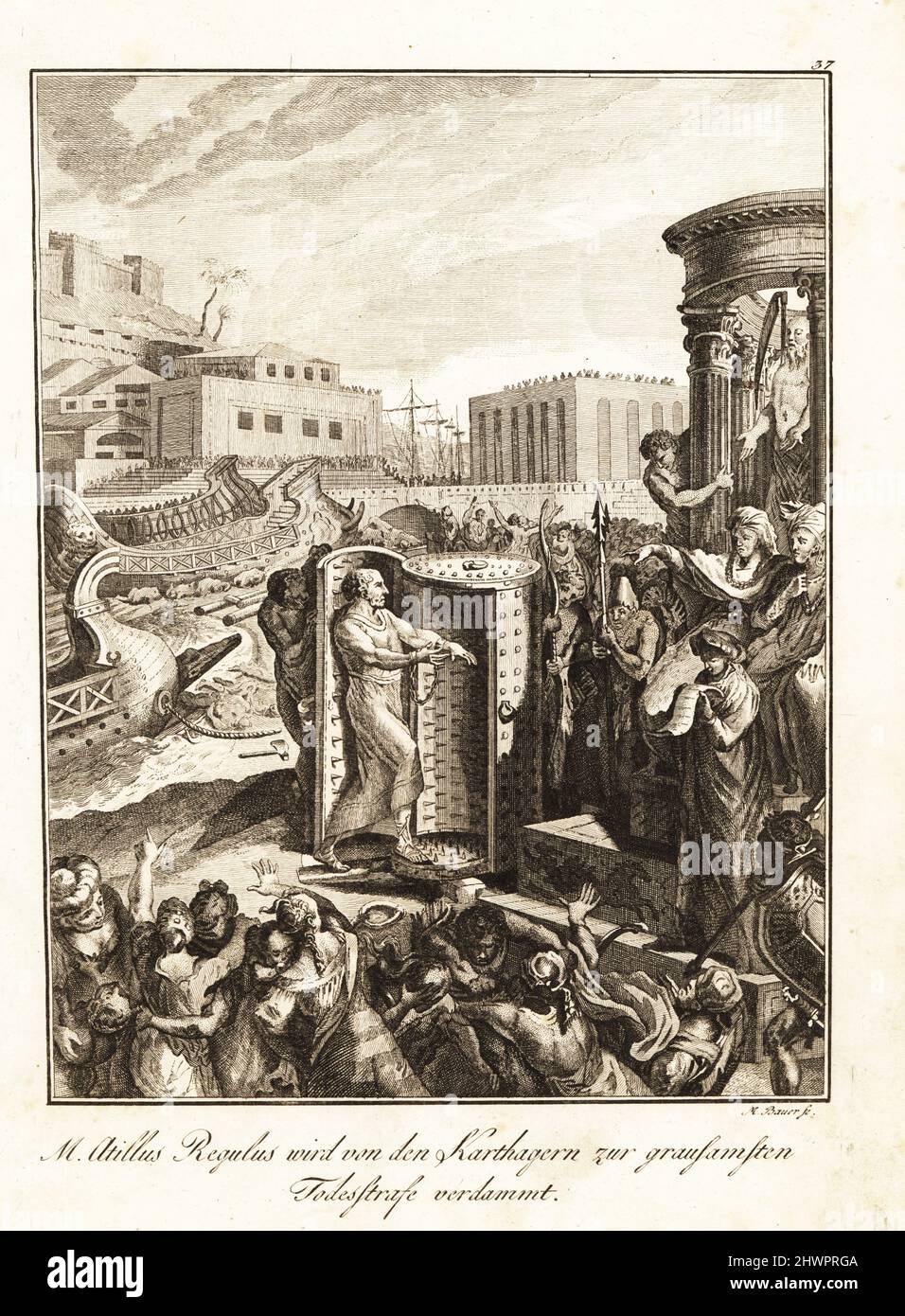 Marcus Atilius Regulus, Roman statesman, general and consul, tortured to death by the Carthaginians, c. 250 BC. He was forced into a box spiked with nails, an early Iron Maiden. Regulus condamne aux plus affreux supplices. Copperplate engraving by M. Bauer after a design by Gabriel de St. Aubin from Professor Joseph Rudolf Zappe’s Gemalde aus der romischen Geschichte, Pictures of Roman History, Joseph Schalbacher, Vienna, 1800. German edition of Abbe Claude Francois Xavier Millot’s Abrege de l’Histoire Romaine. Stock Photo