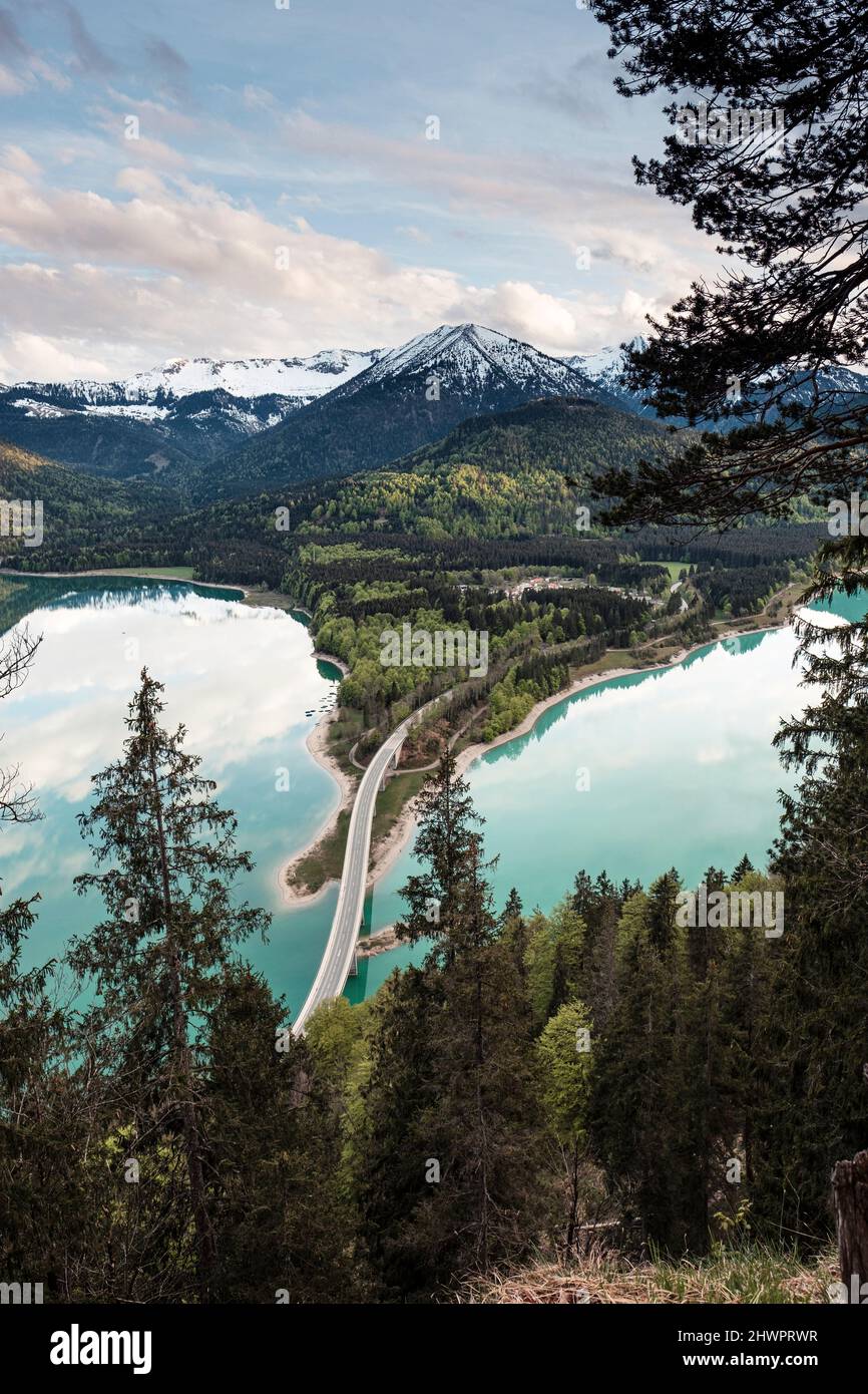 Scenic view of Faller-Klamm-Brucke bridge over Sylvenstein lake