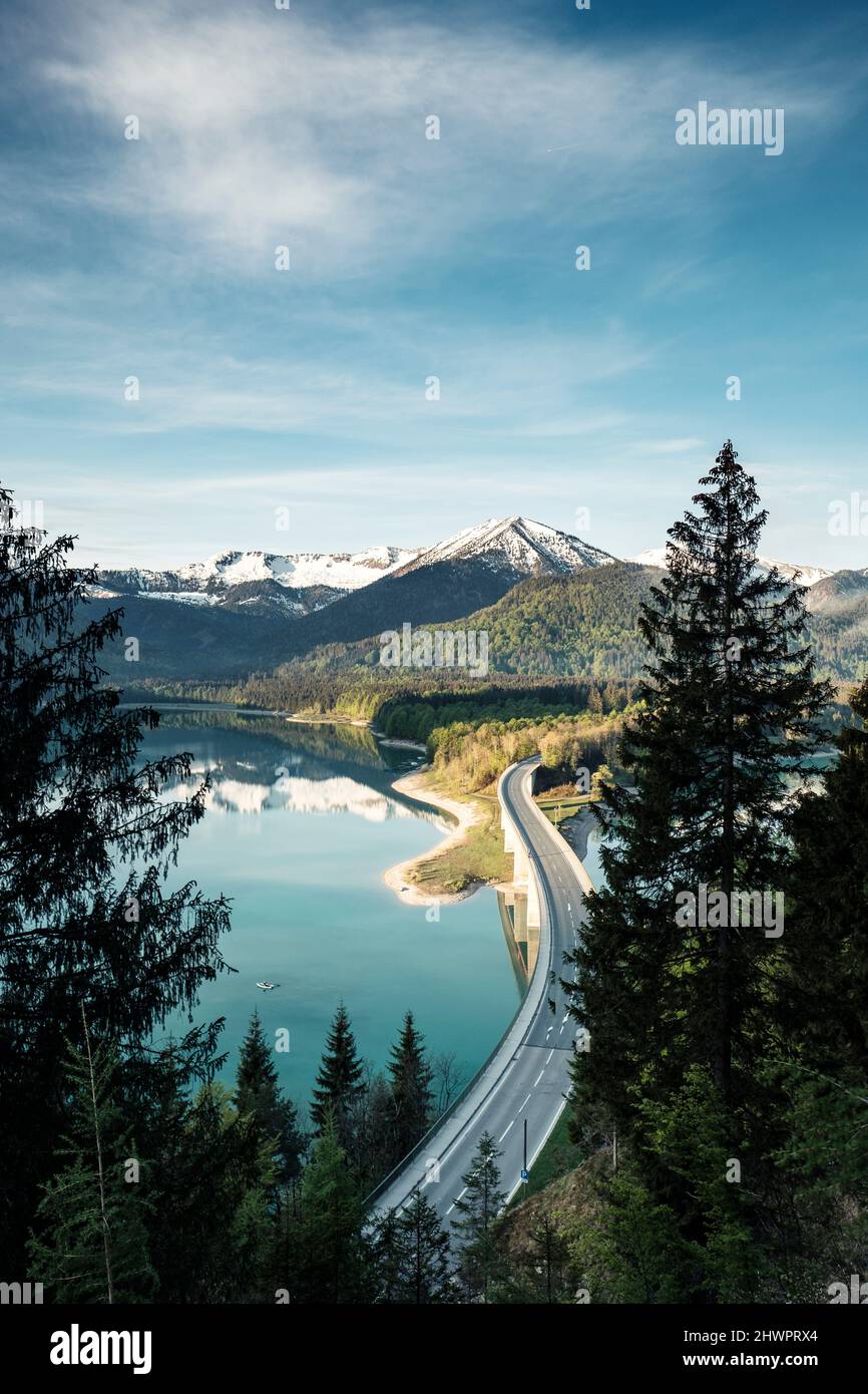 Faller-Klamm-Brucke bridge leading towards mountains, Sylvensteinsee