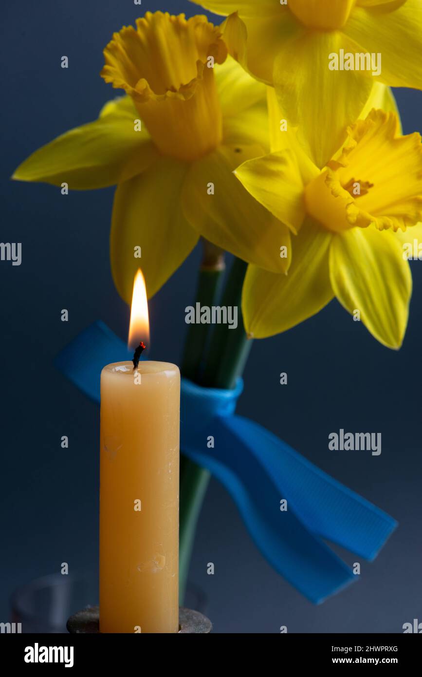 Pray for Ukraine. Burning candle, yellow flowers and blue ribbon. Stop