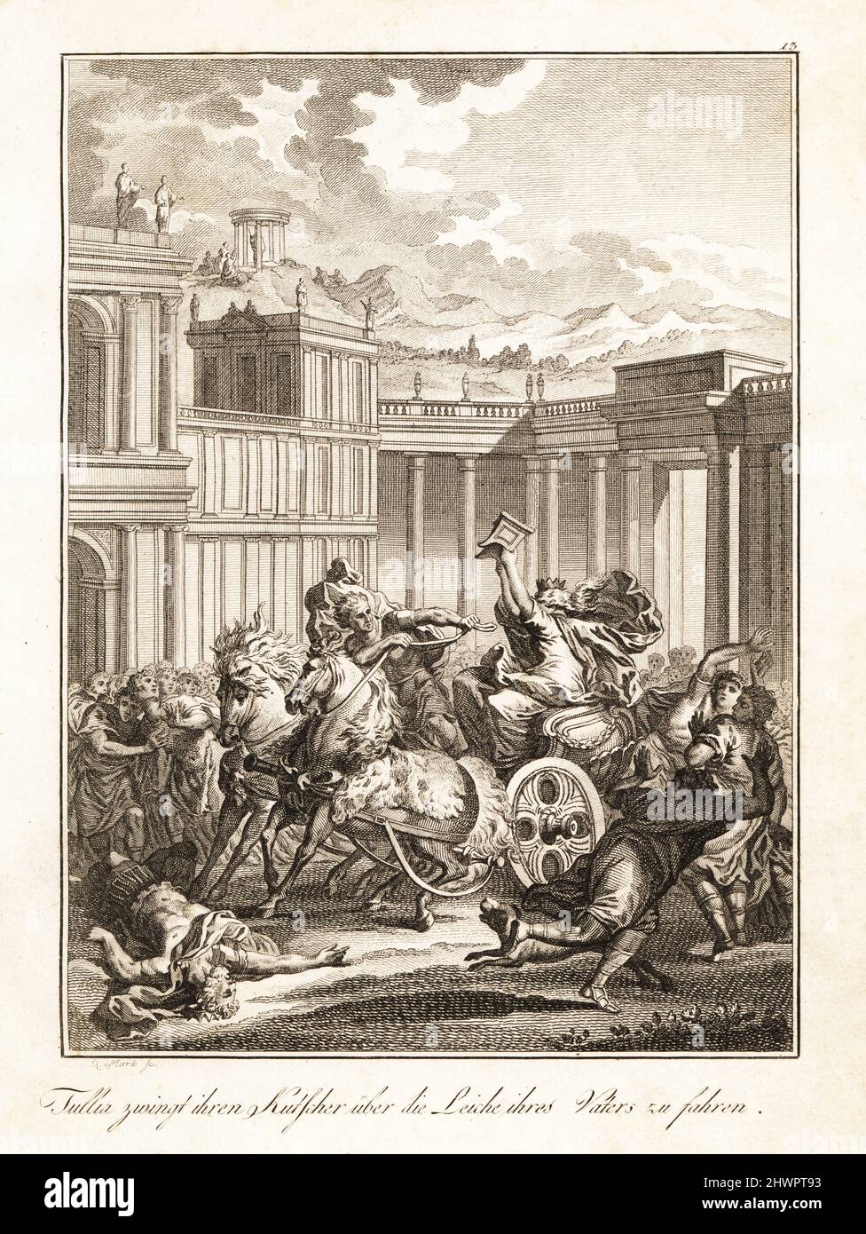 Tullia, the last Queen of Rome, orders her charioteer to drive over the corpse of her assassinated father King Servius Tullius, 535 BC. Tullie veut forcer le conducteur de son chariot a passer sur le cadavre de son pere. Copperplate engraving by Quirin Mark  after a design by Charles-Dominique-Joseph Eisen from Professor Joseph Rudolf Zappe’s Gemalde aus der romischen Geschichte, Pictures of Roman History, Joseph Schalbacher, Vienna, 1800. German edition of Abbe Claude Francois Xavier Millot’s Abrege de l’Histoire Romaine. Stock Photo
