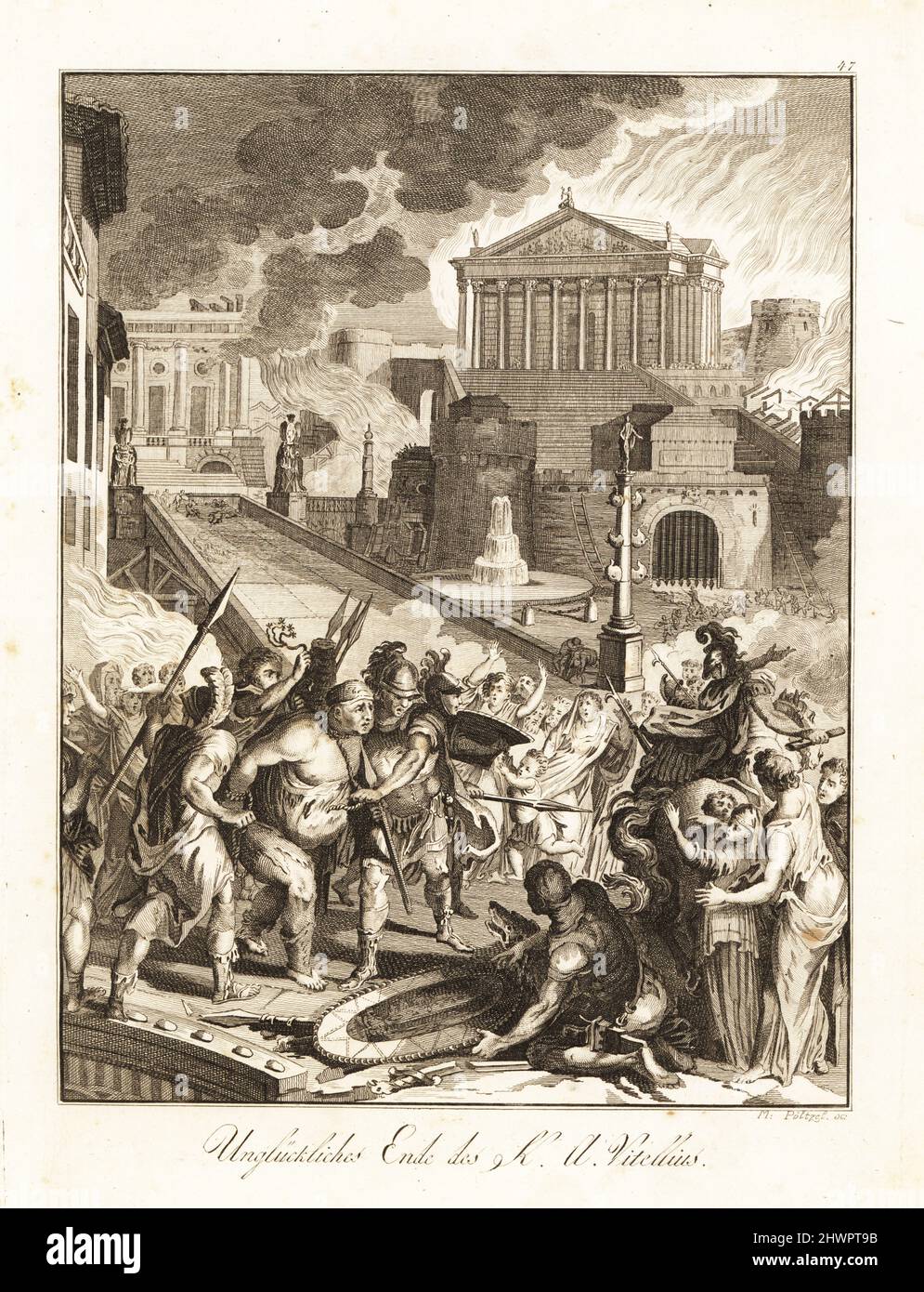 Roman Emperor Aulus Vitellius dragged to the Gemonian stairs, struck down by Vespasian's supporters and thrown into the Tiber, 69 AD. Temples and buildings on fire in the background. Vittelius couvert d'approbre est conduit au supplice. Copperplate engraving by Martin Pöltzel after a design by Gabriel de St. Aubin from Professor Joseph Rudolf Zappe’s Gemalde aus der romischen Geschichte, Pictures of Roman History, Joseph Schalbacher, Vienna, 1800. German edition of Abbe Claude Francois Xavier Millot’s Abrege de l’Histoire Romaine. Stock Photo