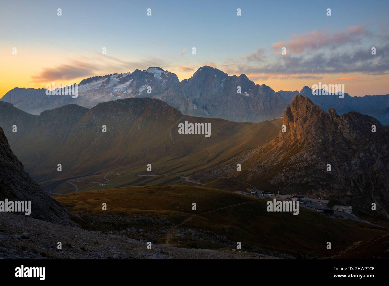 Marmolada and Pordoi Pass at sunrise, Trentino-alto Adige, Italy Stock Photo
