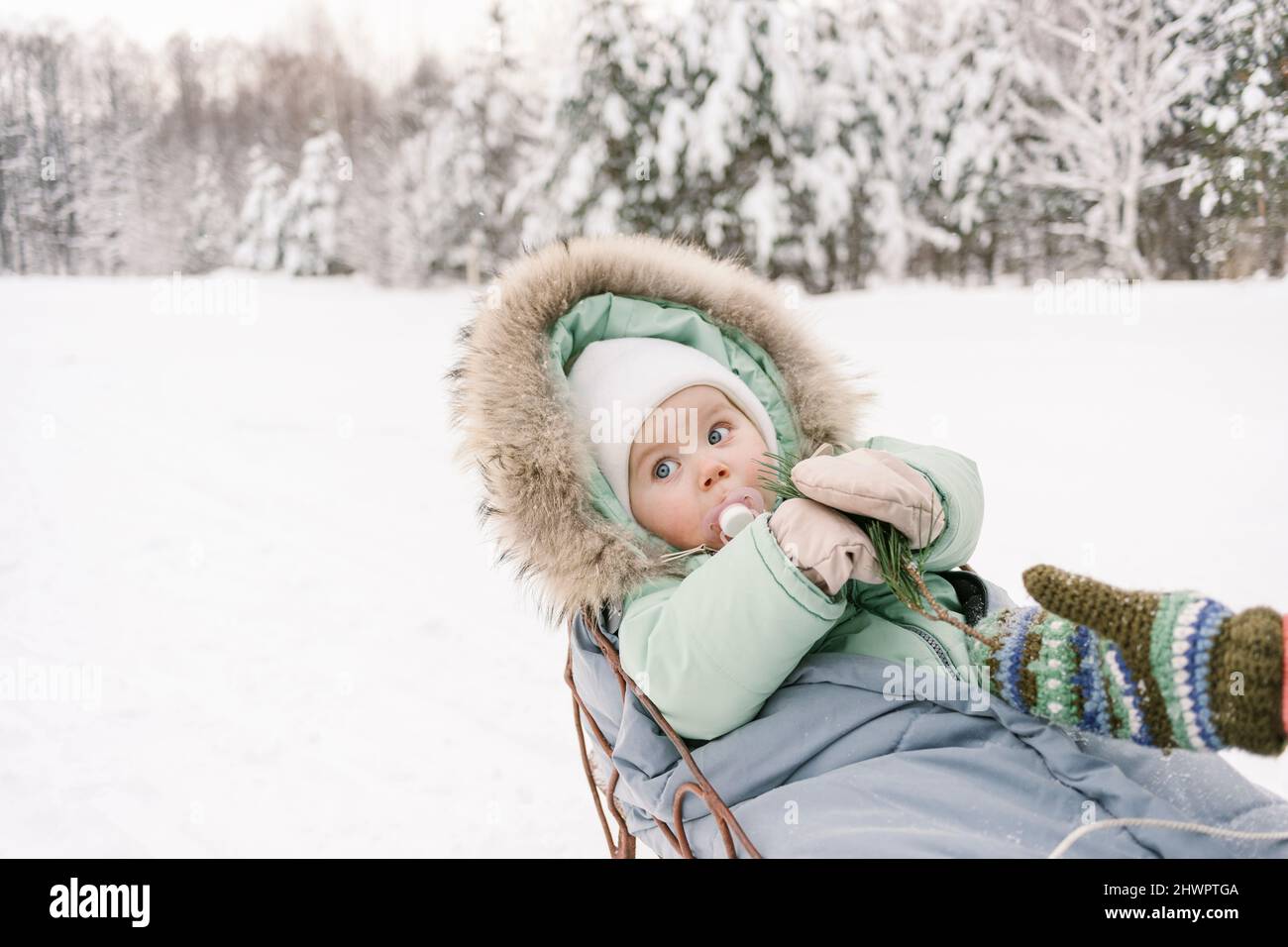 Cute little girl sitting in snow in winter stock photo