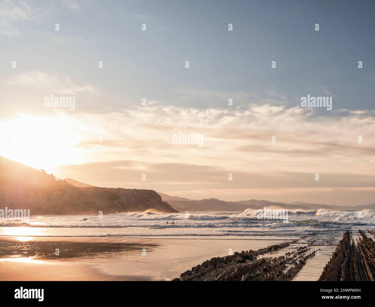 Scenic view of beach at sunset, Basque Coast Geopark, Basque Country, Spain Stock Photo