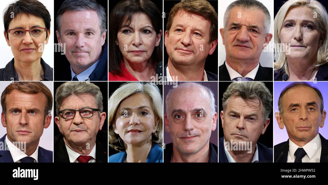 A combination picture shows the candidates for the 2022 French presidential election, 1st row L-R: Nathalie Arthaud, French far-left Lutte Ouvriere political party (LO) leader, Nicolas Dupont-Aignan, head of French political party Debout La France (DLF), Anne Hidalgo, mayor of Paris and Socialist Party (PS) candidate, Yannick Jadot, French Green party Europe Ecologie Les Verts (EELV) candidate, Jean Lassalle, candidate of the French party 'Resistons !', Marine Le Pen, leader of French far-right National Rally (Rassemblement National) party. 2nd row L-R: French President Emmanuel Macron, Jean-L Stock Photo
