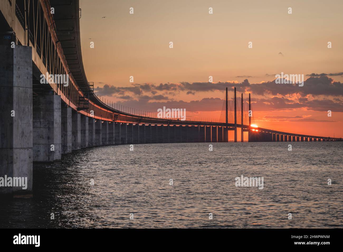 Sweden, Skane County, Malmo, Oresund Bridge at sunset Stock Photo
