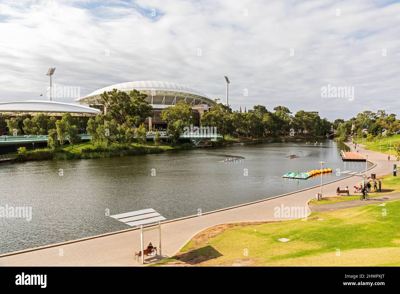 Australia, South Australia, Adelaide, Elder Park riverside promenade with Adelaide Oval in background Stock Photo