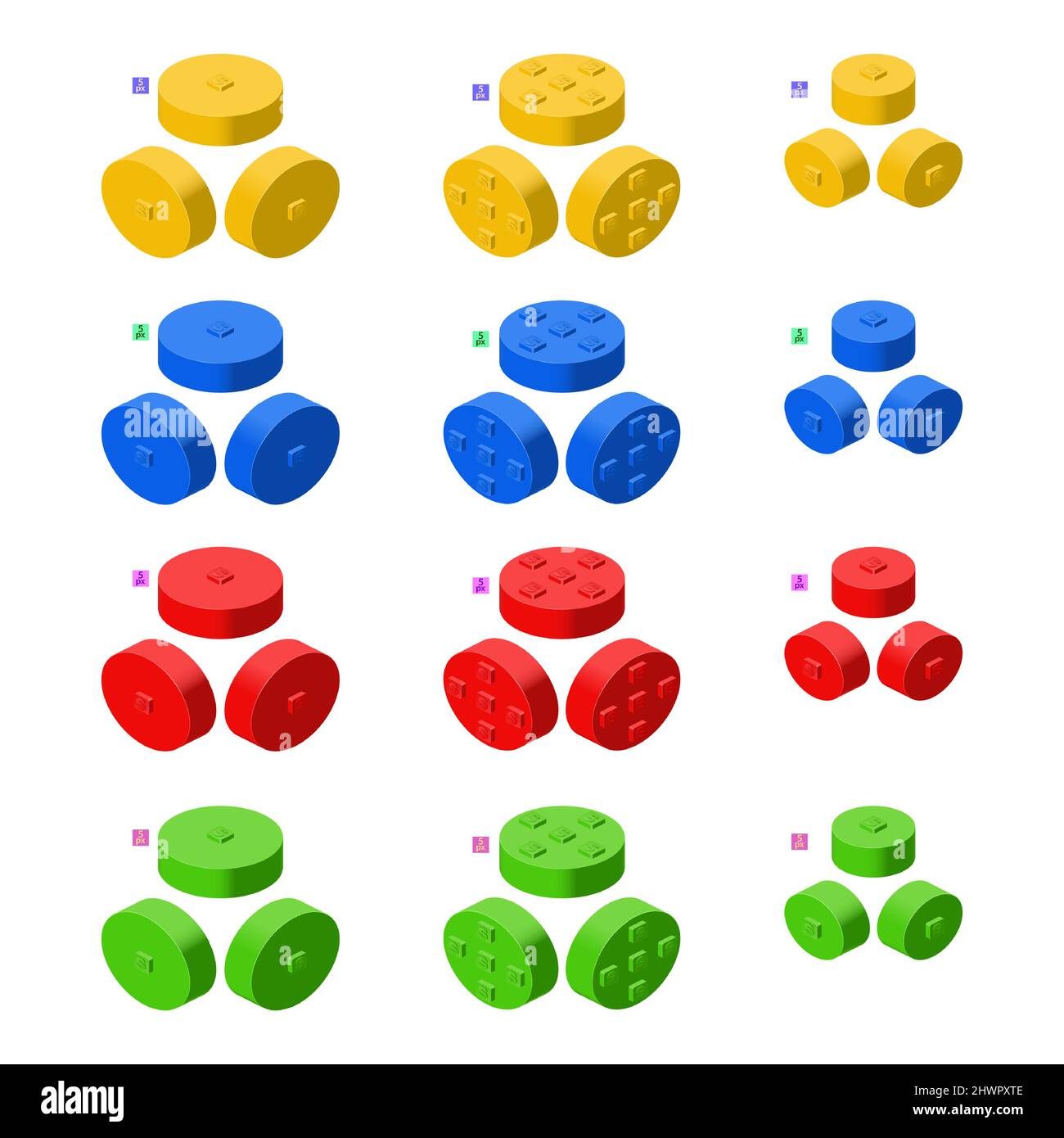 3d set of colored constructor kit in isometry. Cylindrical elements. Vector illustration. Stock Vector