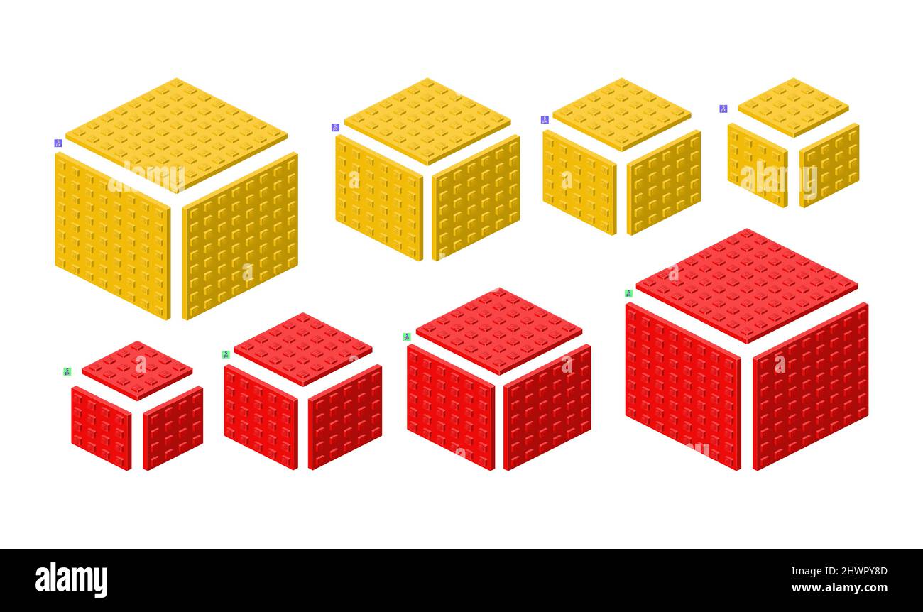 3d set of colored constructor kit in isometry. Square elements of different sizes. Vector illustration. Stock Vector