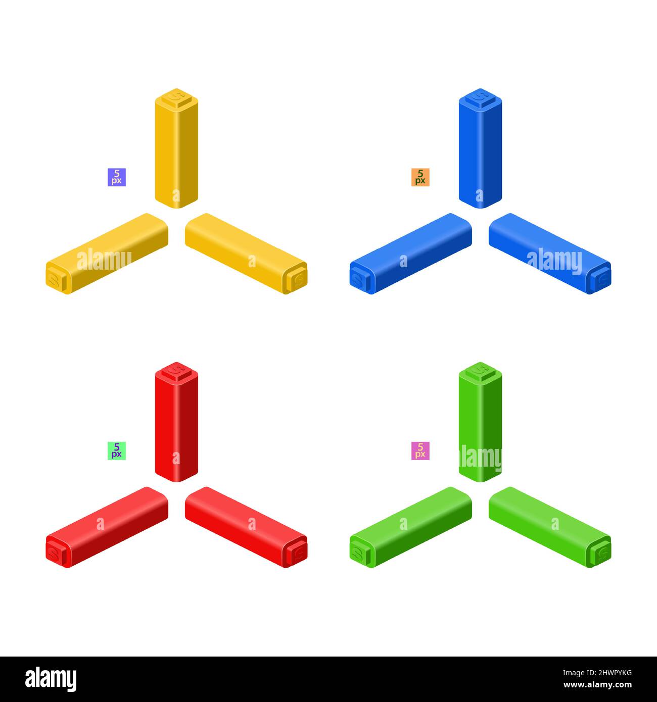3d set of colored constructor kit in isometry. Sticks. Vector illustration. Stock Vector