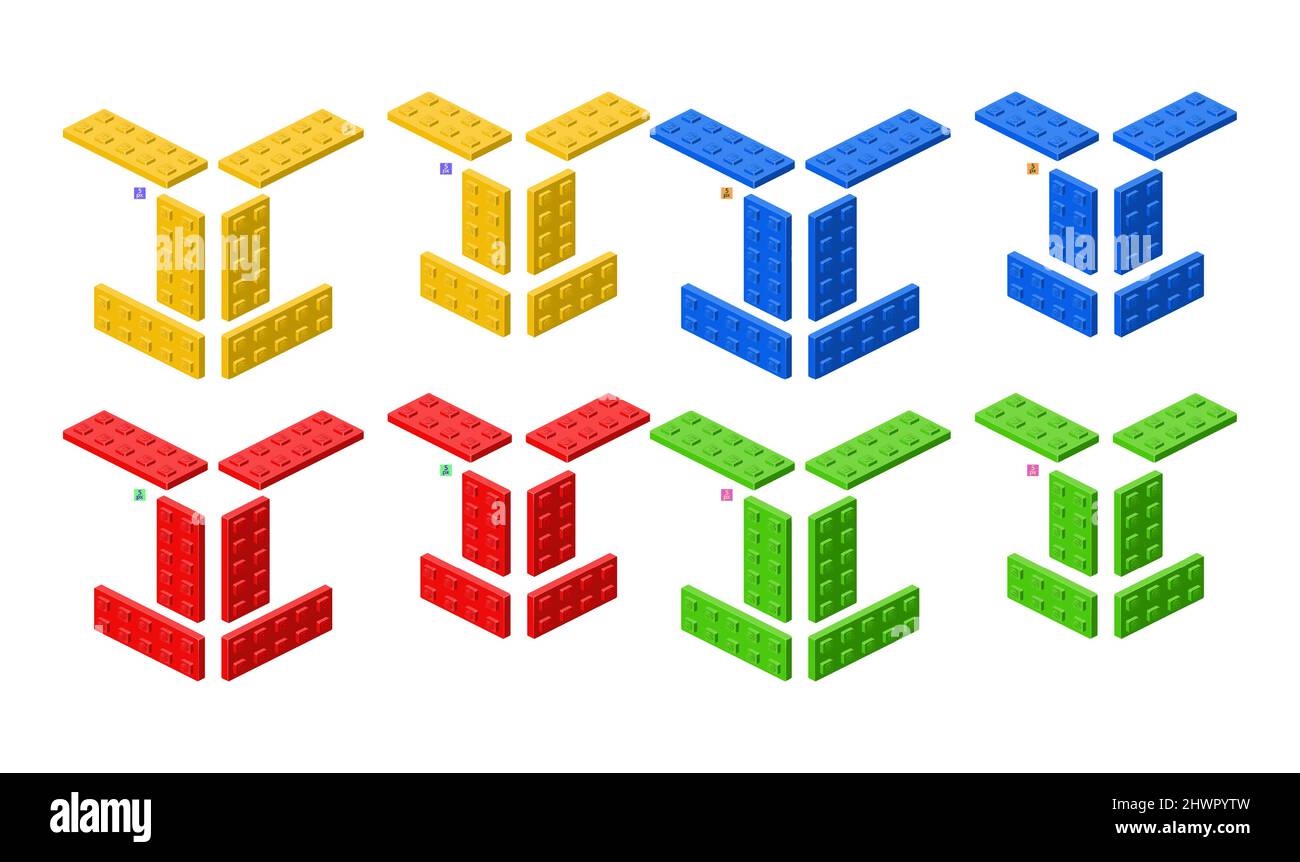 3d set of colored constructor kit in isometry. Blocks. Vector illustration. Stock Vector
