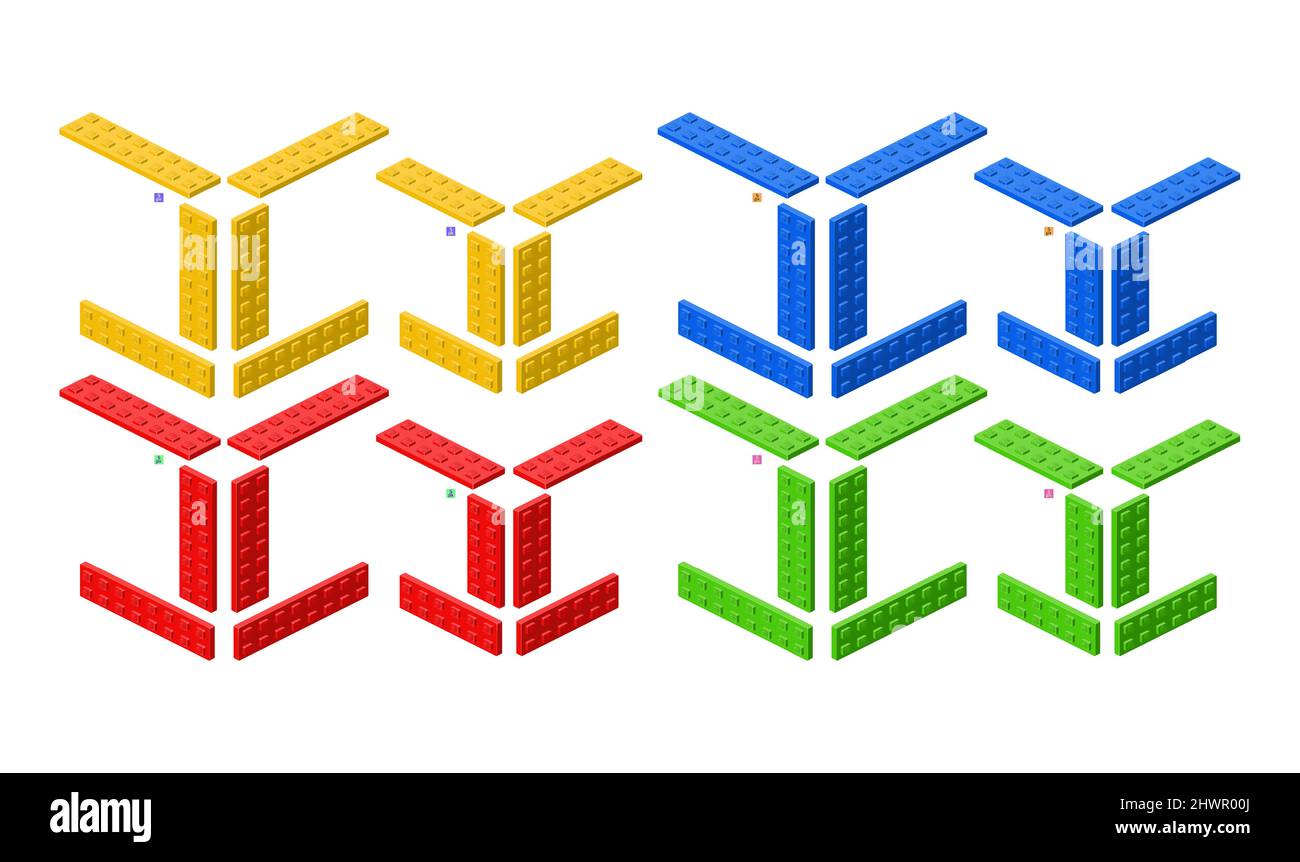 3d set of colored constructor kit in isometry. Different elements. Vector illustration. Stock Vector