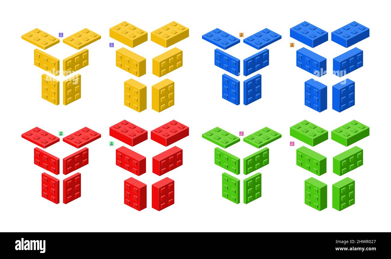 3d set of colored constructor kit in isometry. bricks. Vector illustration. Stock Vector