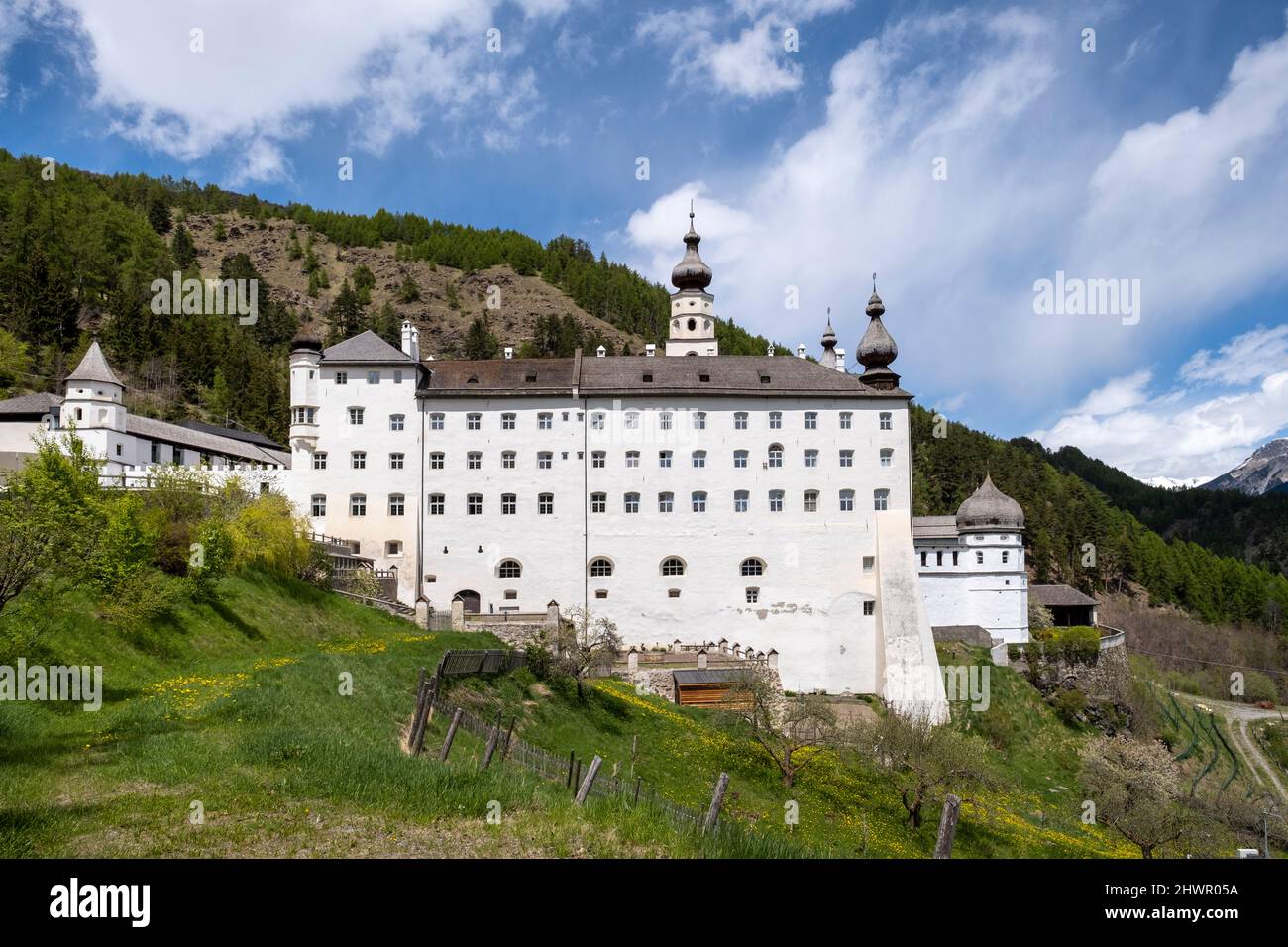 Italy, South Tyrol, Mals, Exterior of Marienberg Abbey in summer Stock Photo