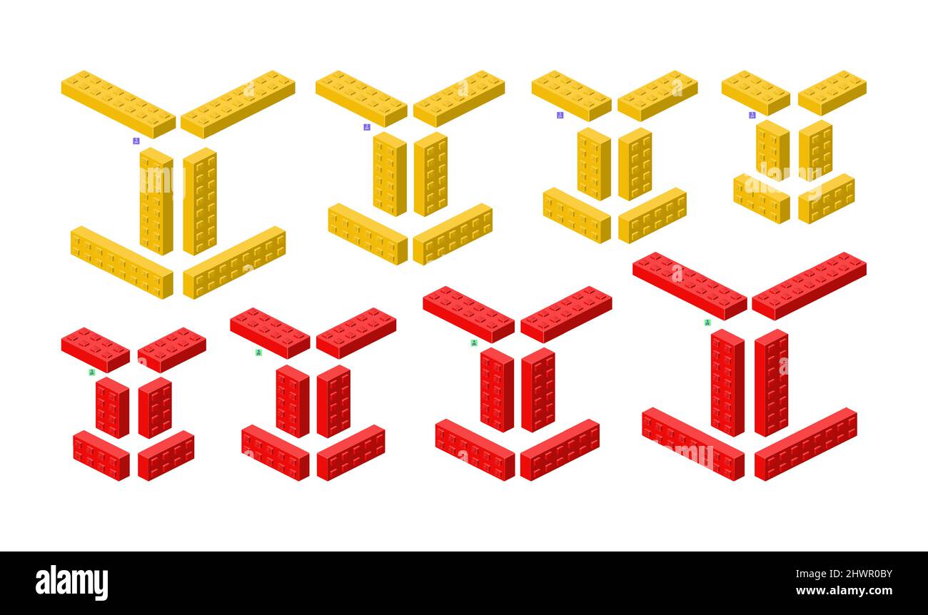 3d set of colored constructor kit in isometry. long bricks. Vector illustration. Stock Vector