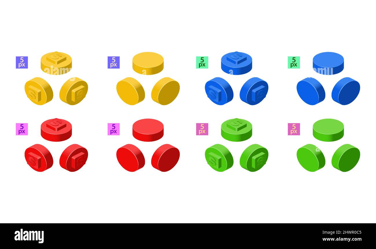 3d set of colored constructor kit in isometry. Small round elements. Vector illustration. Stock Vector