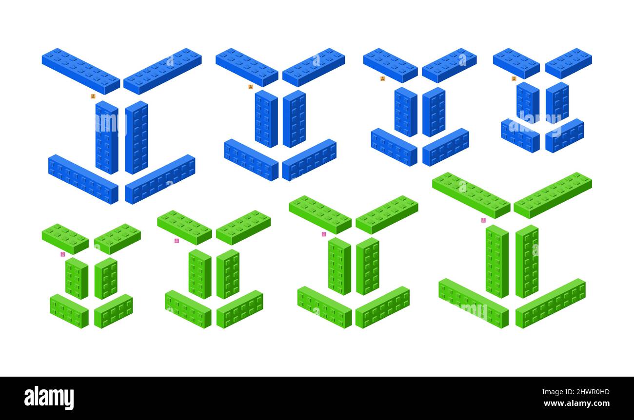 3d set of colored constructor kit in isometry. Long bricks in different colors. Vector illustration. Stock Vector
