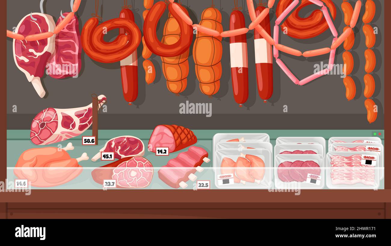 Butcher shop showcase. Fresh farm products, market shelves, different