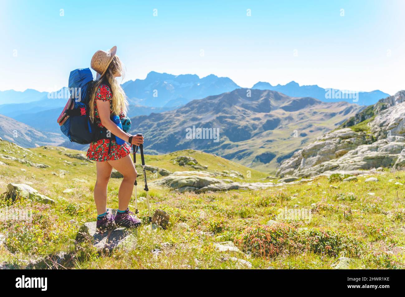 Woman hiking caucasus mountains sunny day hi-res stock photography and ...