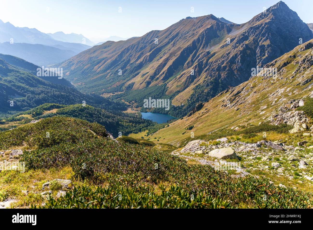 Caucasus Mountains range on sunny day, Sochi, Russia Stock Photo