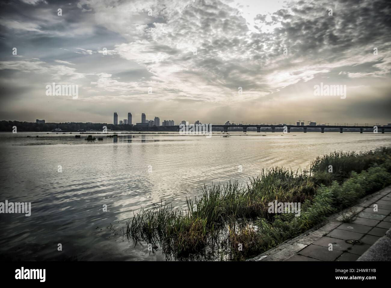 Early morning on the banks of Dnieper in Kiev, Ukraine Stock Photo