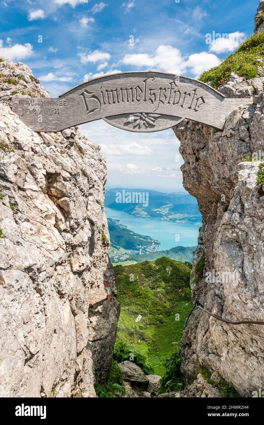Austria, Salzburg, Himmelspforte sign on summit of Schafberg mountain Stock Photo