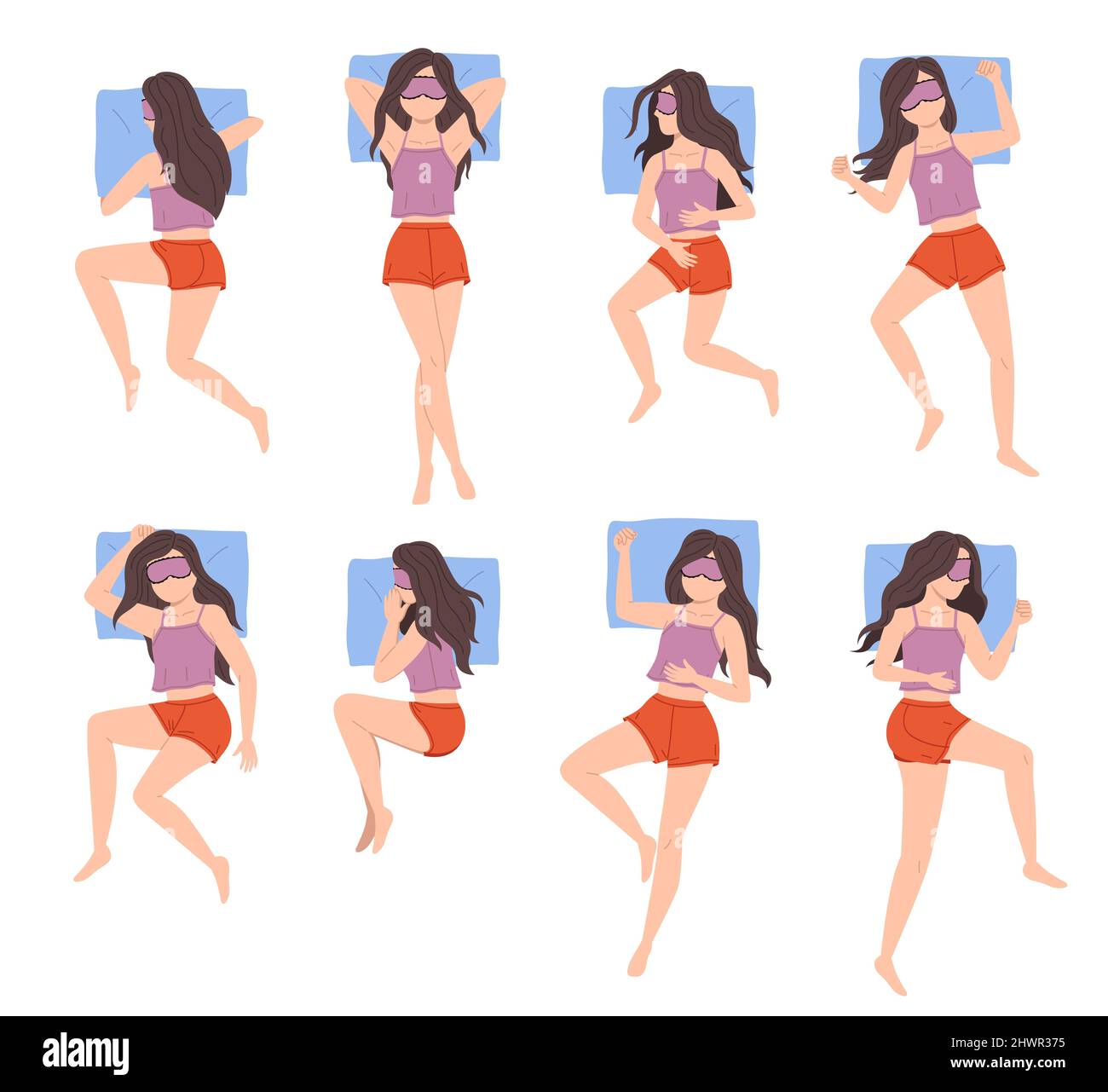 Girl sleep positions. Woman night relaxing in different poses top view, lady rests in bed, sleeping on side, back and stomach with pillow, comfortable Stock Vector