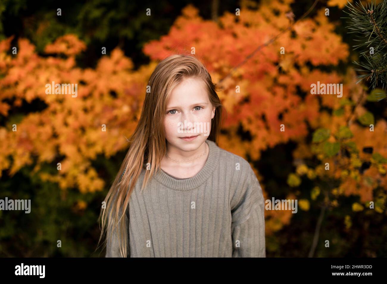 Young blond girl standing at autumn park Stock Photo - Alamy
