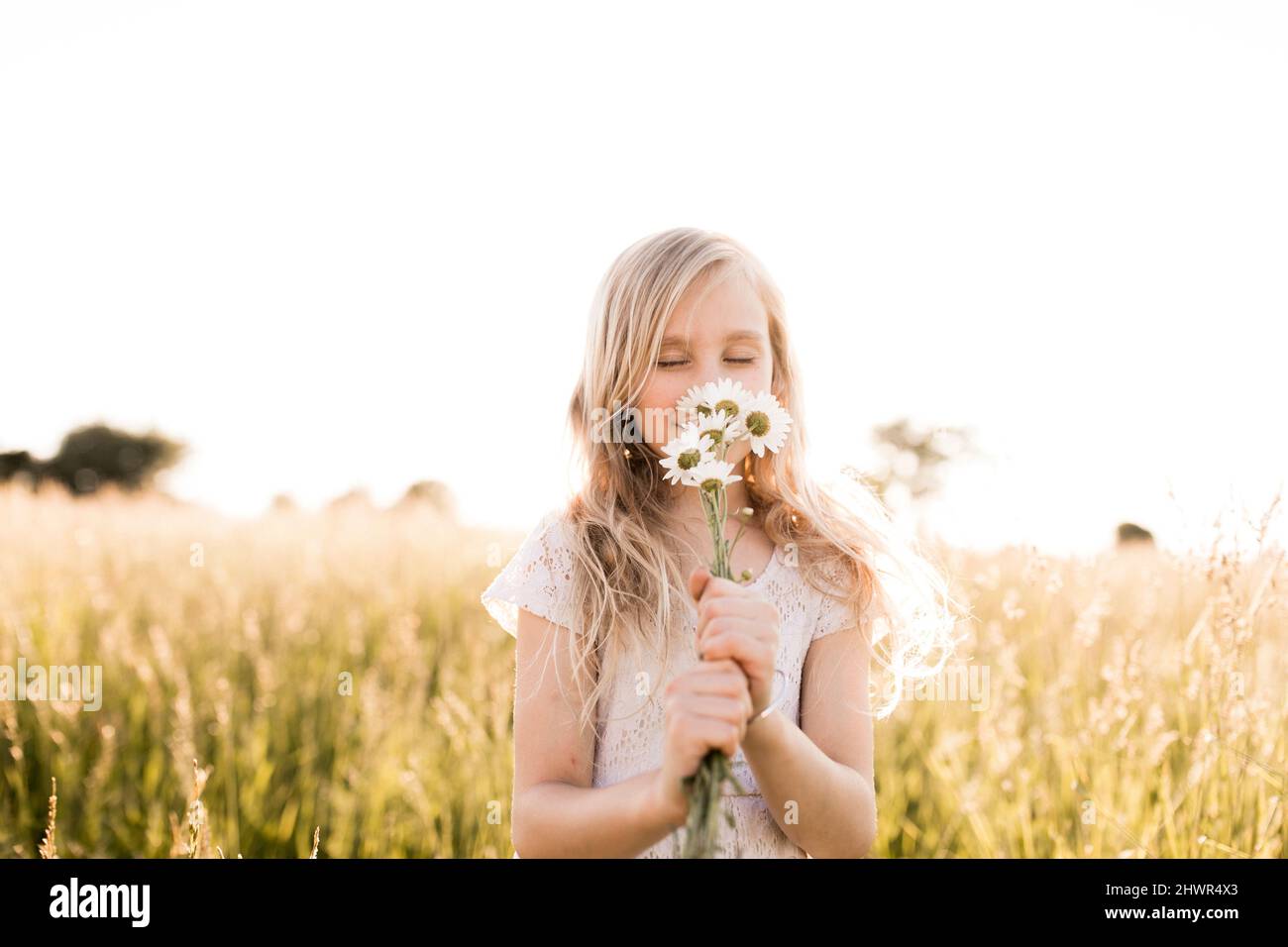 Cute girl smelling daisy flowers in field Stock Photo