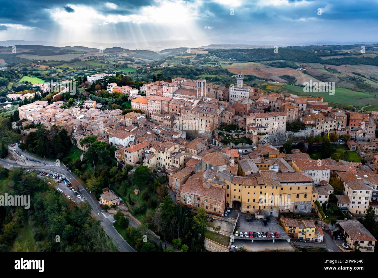 Italy, Province of Siena, Montepulciano, Helicopter view of medieval hill town in Val dOrcia