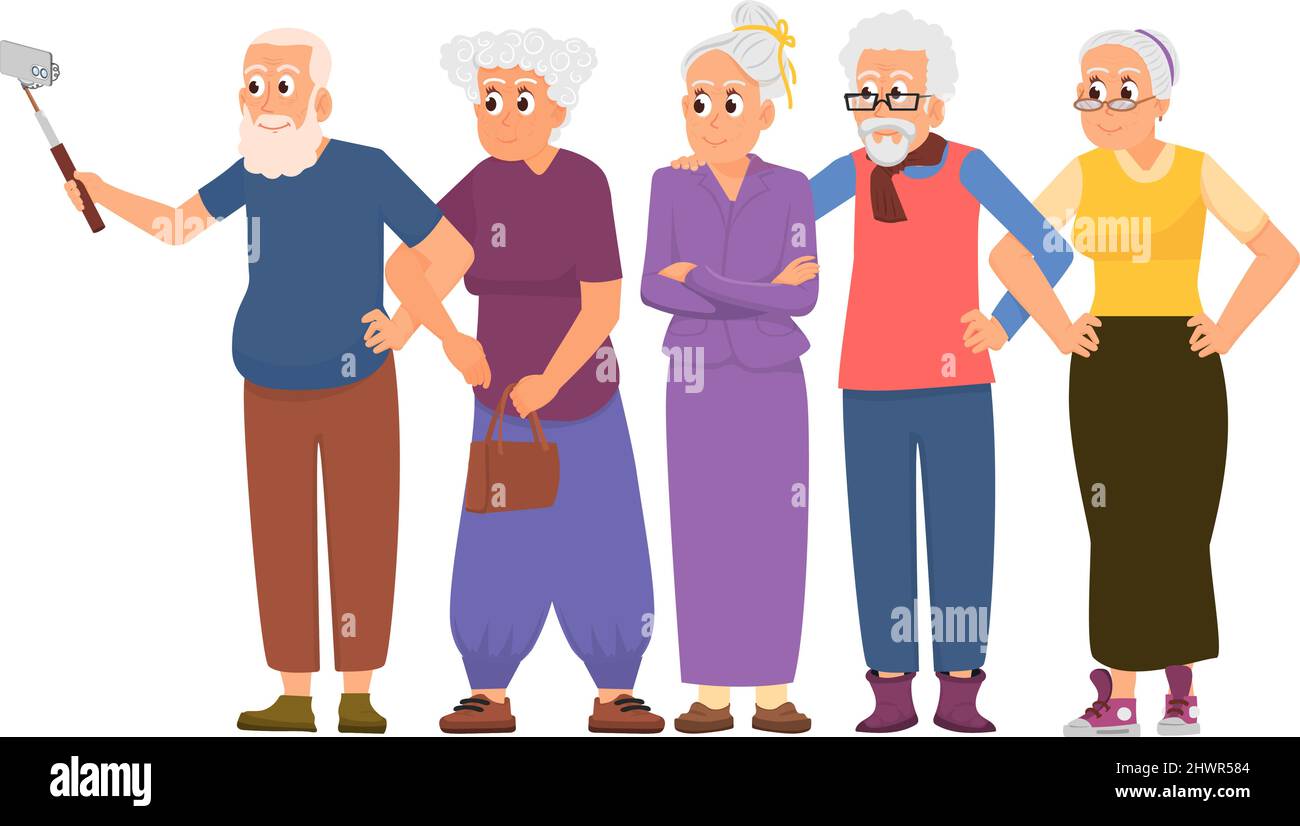 Seniors group. Elderly people hugs and doing selfie. Fun grandparents friends together. Happy active women and men with smartphone, decent vector Stock Vector
