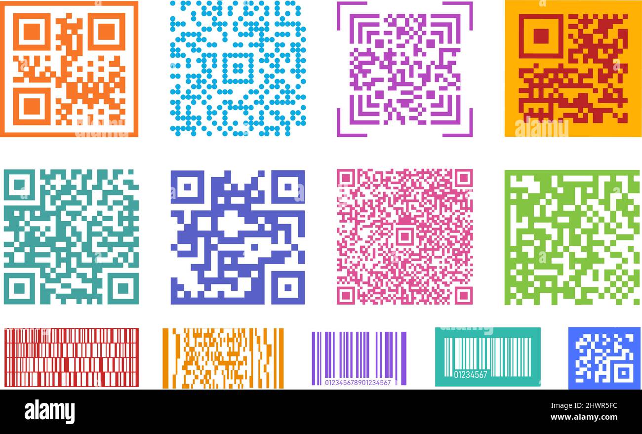 Qr codes. Barcode, coding digital elements for screen. Mobile health id elements. Personal barcodes for scanning in mall, store, city transport, exact Stock Vector