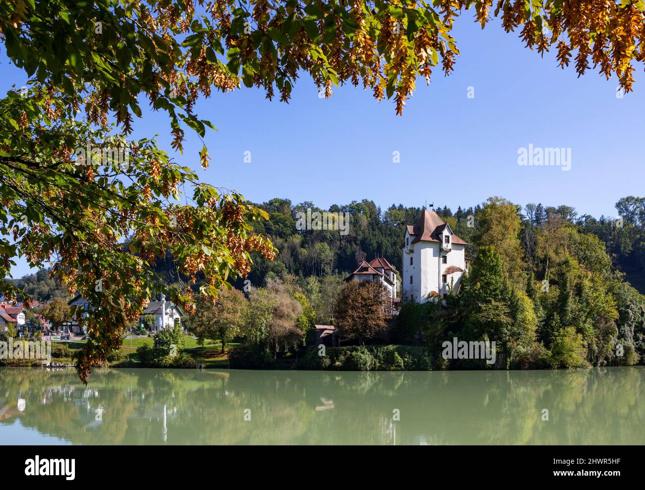 Austria, Upper Austria, Wernstein am Inn, Burg Wernstein standing on bank of river Inn in summer Stock Photo